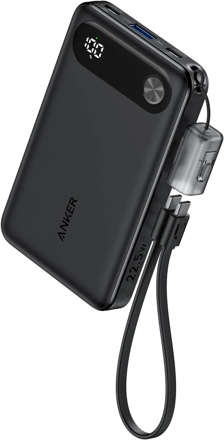 Anker Power Bank, 10,000mAh Portable Charger with Built-in USB-C Cable and Lanyard