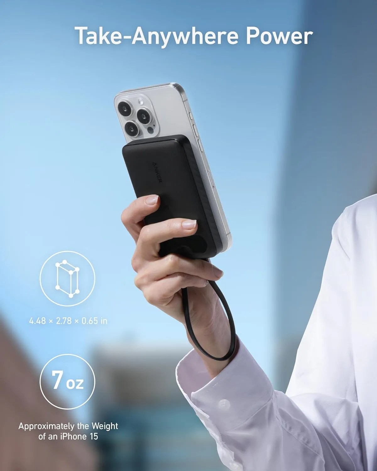 Anker Power Bank, 10,000mAh Portable Charger with Built-in USB-C Cable and Lanyard