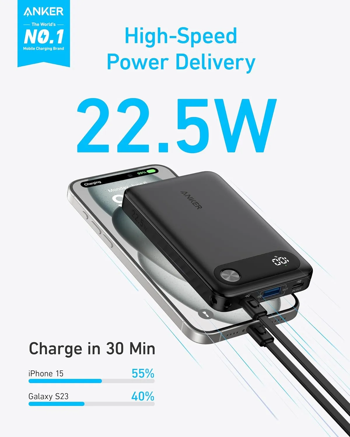 Anker Power Bank, 10,000mAh Portable Charger with Built-in USB-C Cable and Lanyard