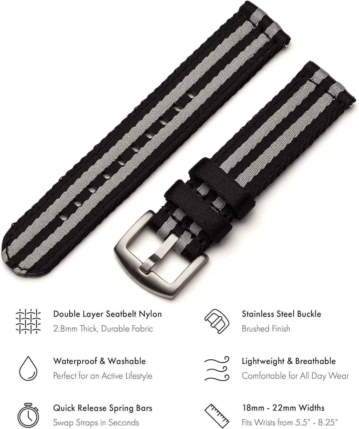 Benchmark Nylon Watch Band - Premium Waterproof Seatbelt Nylon Watch Straps for Men and Women - Integrated Quick Release Spring Bars - Choice of Color & Width - 18mm, 20mm or 22mm