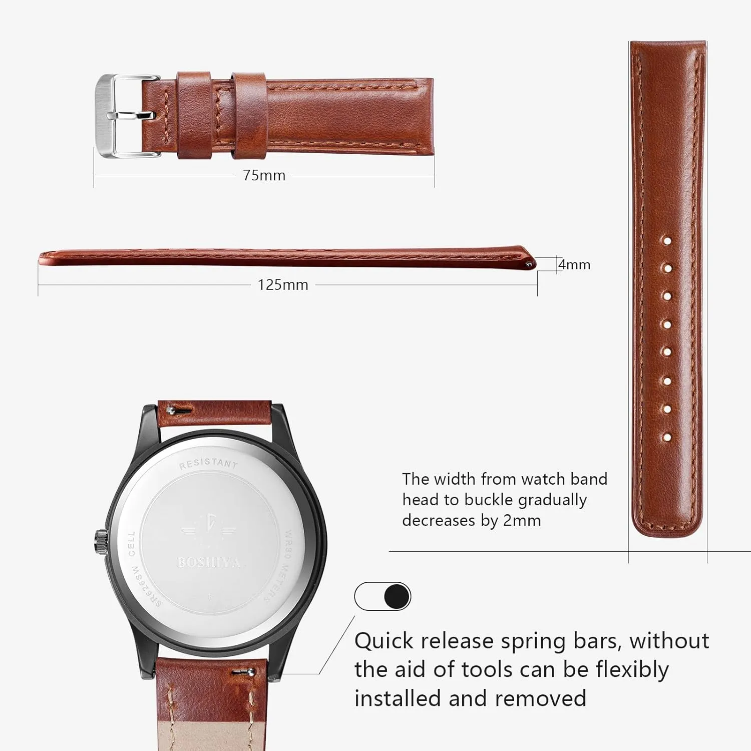 BOSHIYA Quick Release Leather Stainless Steel Watch Strap 18mm, 20mm, 22mm Watch Band for Men Women, Fits Samsung Galaxy Watch 6/5/4/3,G-armin Watch,Huawei Watch,Brown/Dark Brown/Black