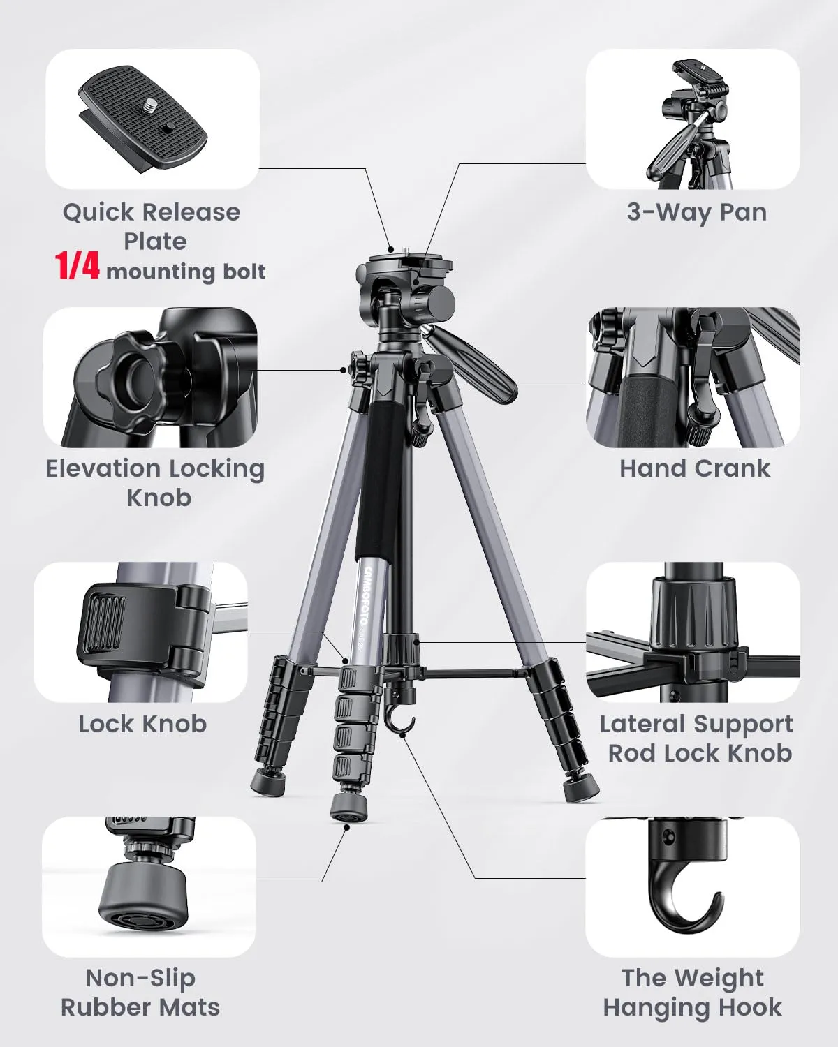 CAMBOFOTO 74"-Camera-Tripod, Gray Professional Aluminum Tripod Stand and Leg for Mirrorless Camera/DSLR/Cell Phone/Camcorder/GoPro, with Phone Holder and Travel Bag (Gunmetal Gray)
