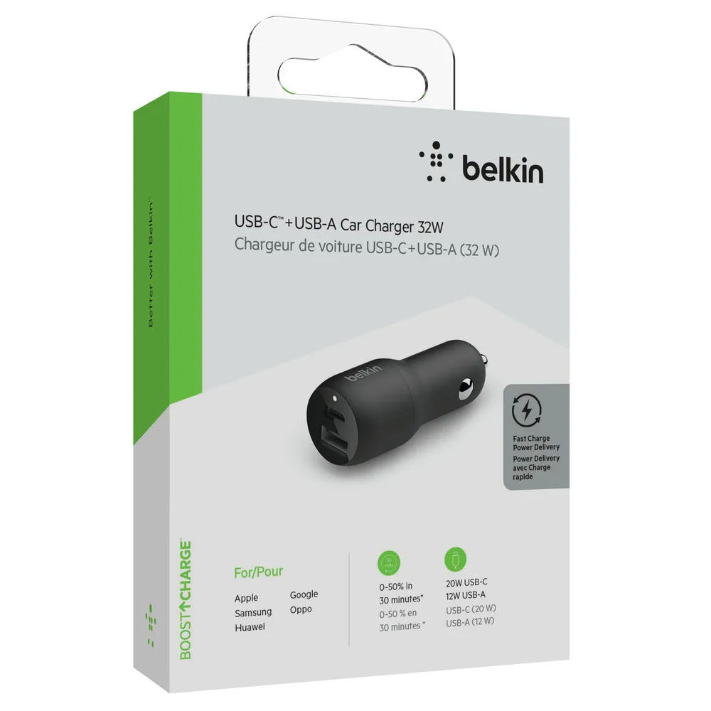 [OPEN BOX] BELKIN 32W Car Charger - 20W USB-C and 12W USB-A - Black