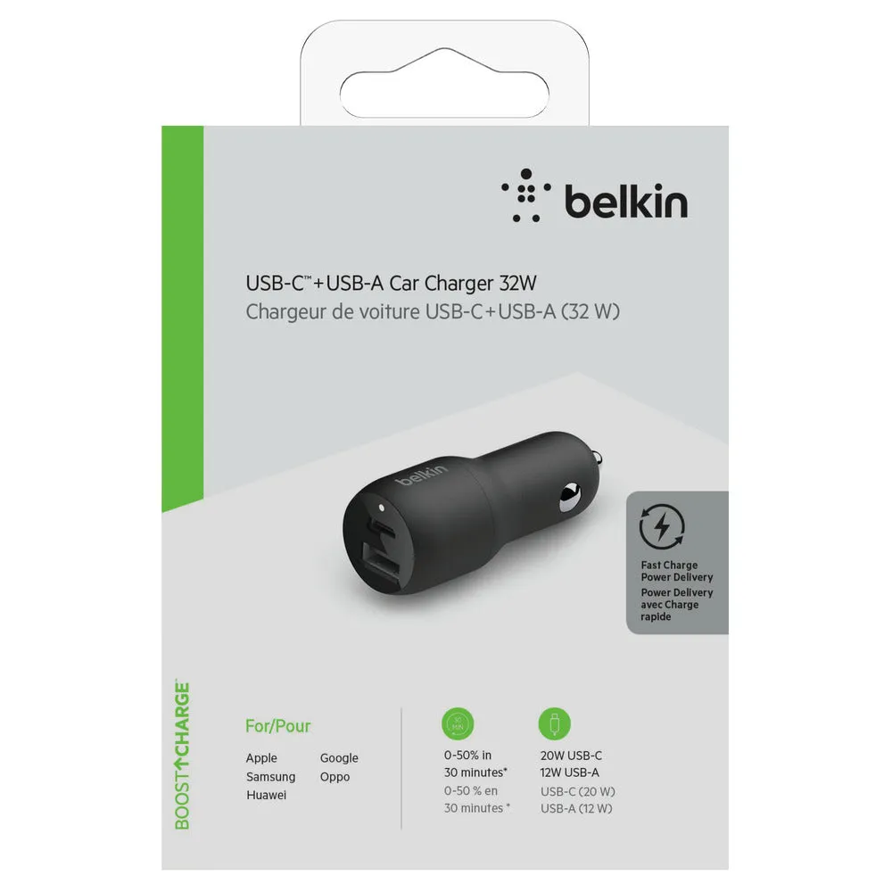 [OPEN BOX] BELKIN 32W Car Charger - 20W USB-C and 12W USB-A - Black