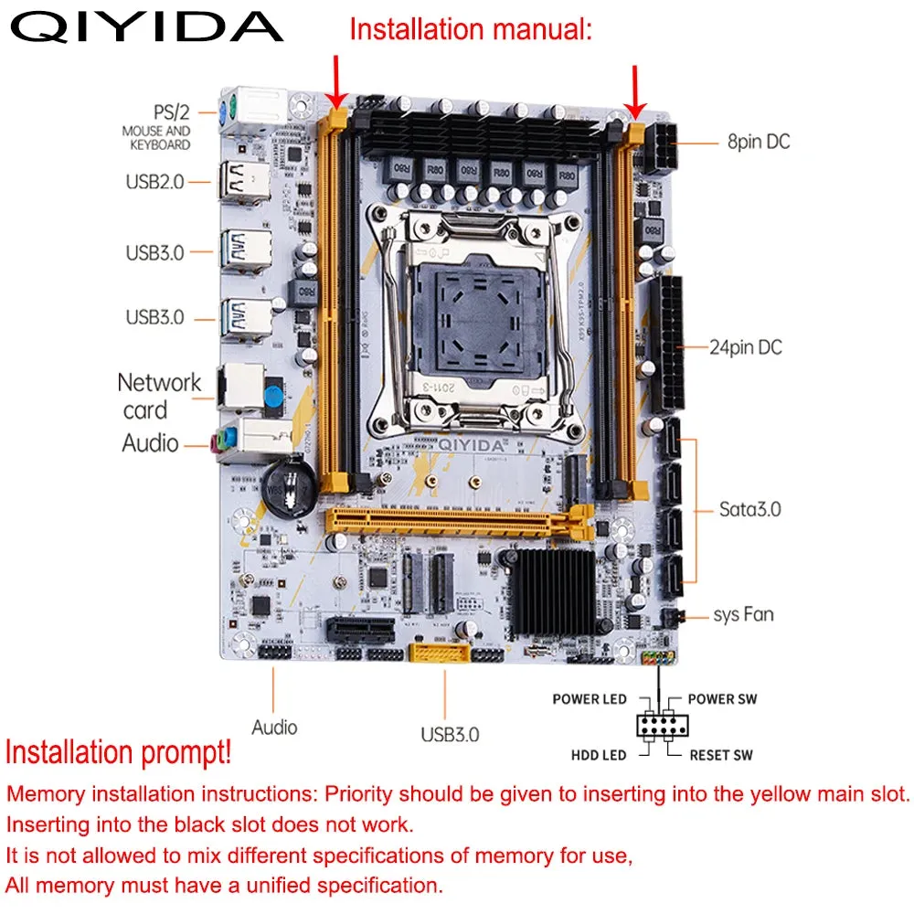 QIYIDA X99 Motherboard Set Kit With LGA2011-3 Xeon E5 2670 V3 CPU (2*8GB) 16GB DDR4 RAM M-ATX NVME M.2 Support TPM Pin insertion